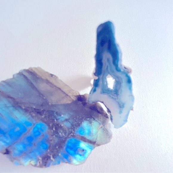 NWOT Ring turquoise blue 7 polished Agate slice stone .925 Sterling silverplate - Picture 1 of 4